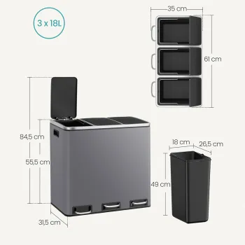 Kosz na śmieci metalowy 3x18L ciemnoszary 54L