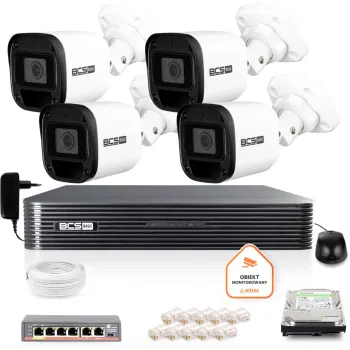 Zestaw monitoringu IP BCS Basic 4x Kamera BCS-B-TIP12FR3(2.0) Rejestrator z dyskiem 1TB