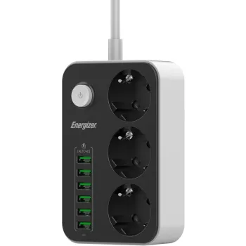 LISTWA ZASILAJĄCA Z WYŁĄCZNIKIEM Energizer 3x SCHUKO 6x USB-A 2500W 10A KABEL 2M