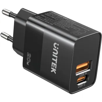 Ładowarka sieciowa Unitek 1x USB-A, 1x USB-C, QC, PC 3.0, 20W, czarna
