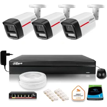 Zestaw monitoringu IP DAHUA 3 kamery zewnętrzne WizColor 2K 4MPx 50m
