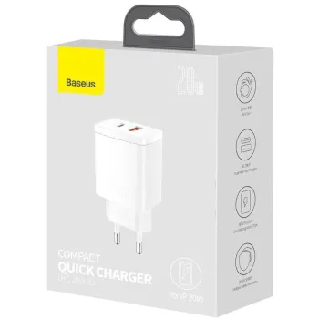 ŁADOWARKA SIECIOWA Baseus Compact Quick Charger CCXJ-B02 20W 1x USB-A 1x USB-C PD 3.0 QC 3.0 BIAŁA