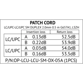 PATCHCORD ŚWIATŁOWODOWY SM 0,5M DUPLEX 9/125 LC/UPC-LC/UPC