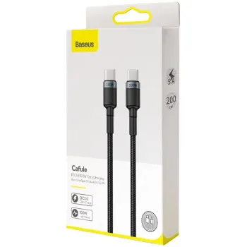 KABEL USB-C / USB-C Baseus Cafule CATKLF-ALG1 200cm 100W 5A PD 2.0 QC 3.0 CZARNO-SZARY W OPLOCIE