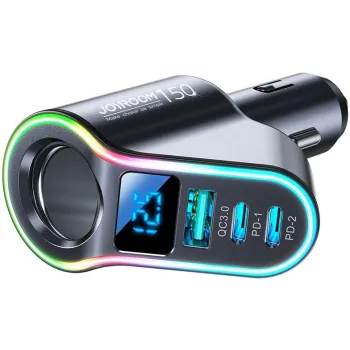 Joyroom szybka ładowarka samochodowa 4w1 USB-A QC3.0 / 2xUSB-C PD 150W czarna