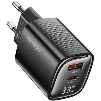 Ładowarka sieciowa Voltage GaN Charger Mini 33W PD 3.0 QC 3.0 USB-A USB-C Digital Display czarna