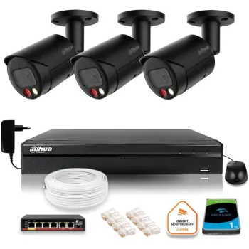 Zestaw monitoringu IP Dahua 4MPx 2K 3 kamery czarne zewnętrzne z dyskiem