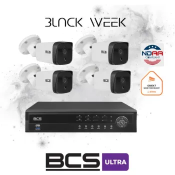 Zestaw monitoringu IP BCS Ultra 4x Kamera tubowa BCS IP 8 mpx Rejestrator Dysk 6TB